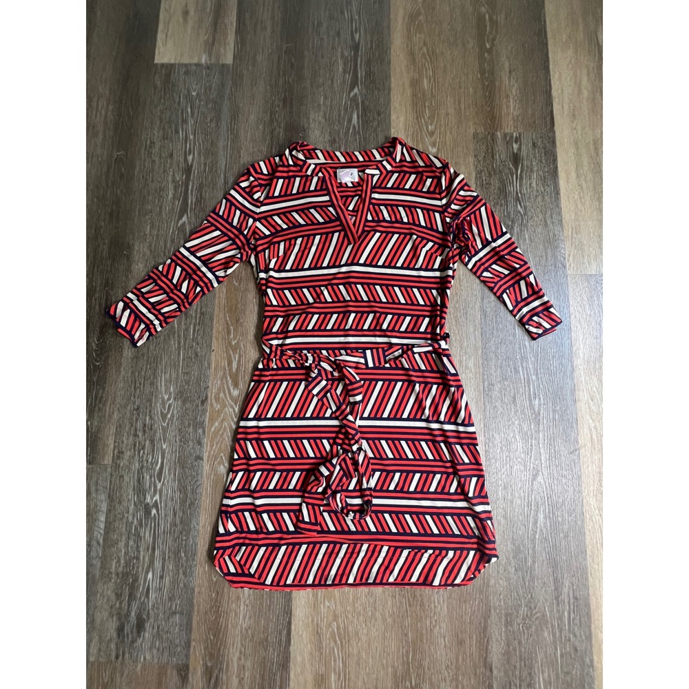 JM‎ Collection Tunic Dress Womens 8 Red Navy White Geometric Stripe 3/4 Sleeve
